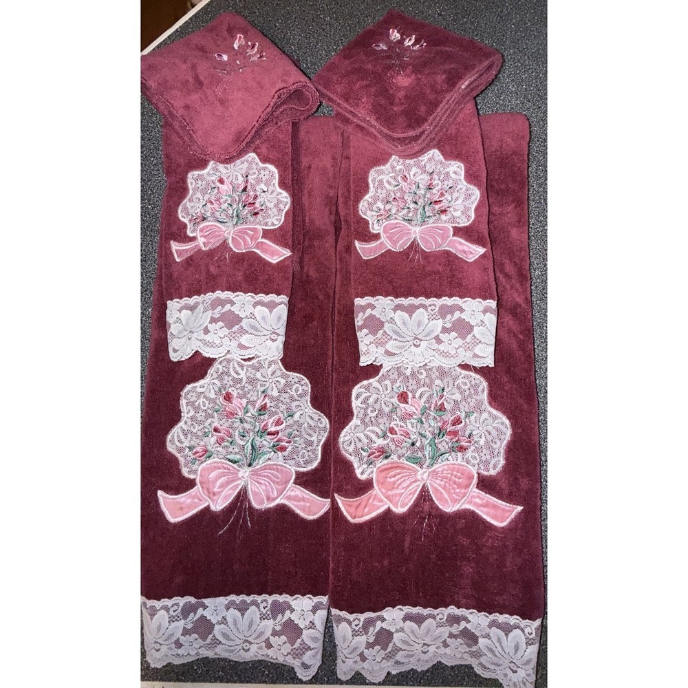 Vtg Embroidered JC Penny's Home Collection Maroon  Towels 2 Bath /2 Hand/ 2 Wash